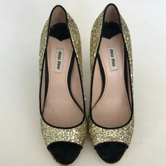 Miu Miu Gold Glitter Black Trim Peep Pumps Heels 9